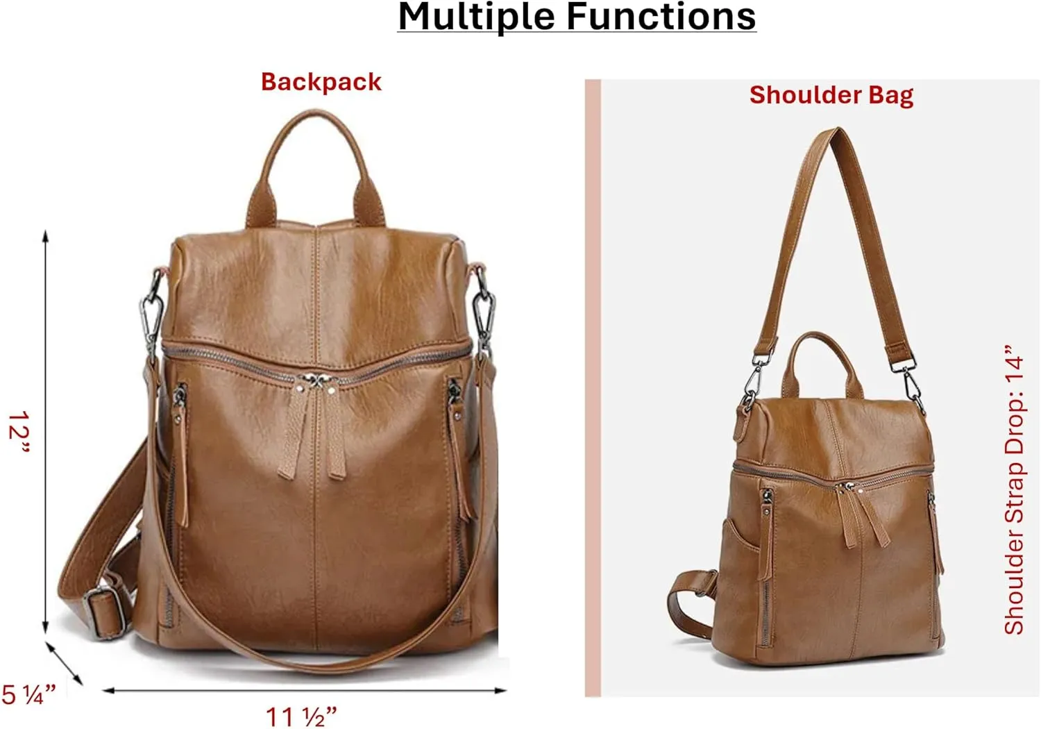 Genuine Cow Leather Backpack Shoulder Handbag Bag for Women, Top Handle & 2 Detachable Straps- Green