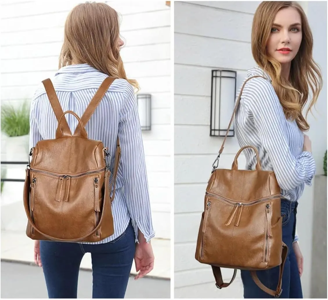 Genuine Cow Leather Backpack Shoulder Handbag Bag for Women, Top Handle & 2 Detachable Straps- Green