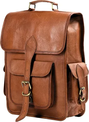 Genuine Leather Backpack for Men, 15 Inch Laptop Bag, Leather Travel Backpack for Women, Vintage Designer Bookbag, Archeology Art Work & Hiking Rucksack - Brown