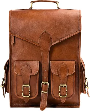 Genuine Leather Backpack for Men, 15 Inch Laptop Bag, Leather Travel Backpack for Women, Vintage Designer Bookbag, Medieval Art Rucksack for College, Work & Hiking - Brown