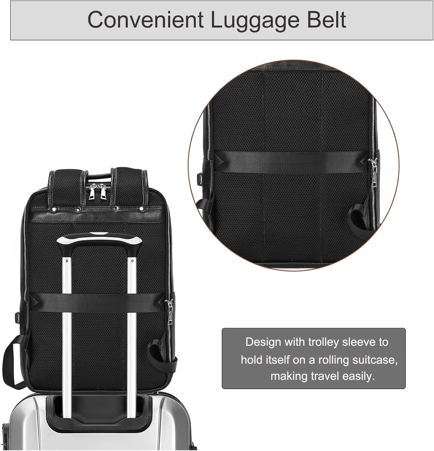 Genuine Leather Backpack Men Casual Daypack 14" Laptop Rucksack Business Travel Outdoor Shoulder Bag with Trolley Sleeve (Black)