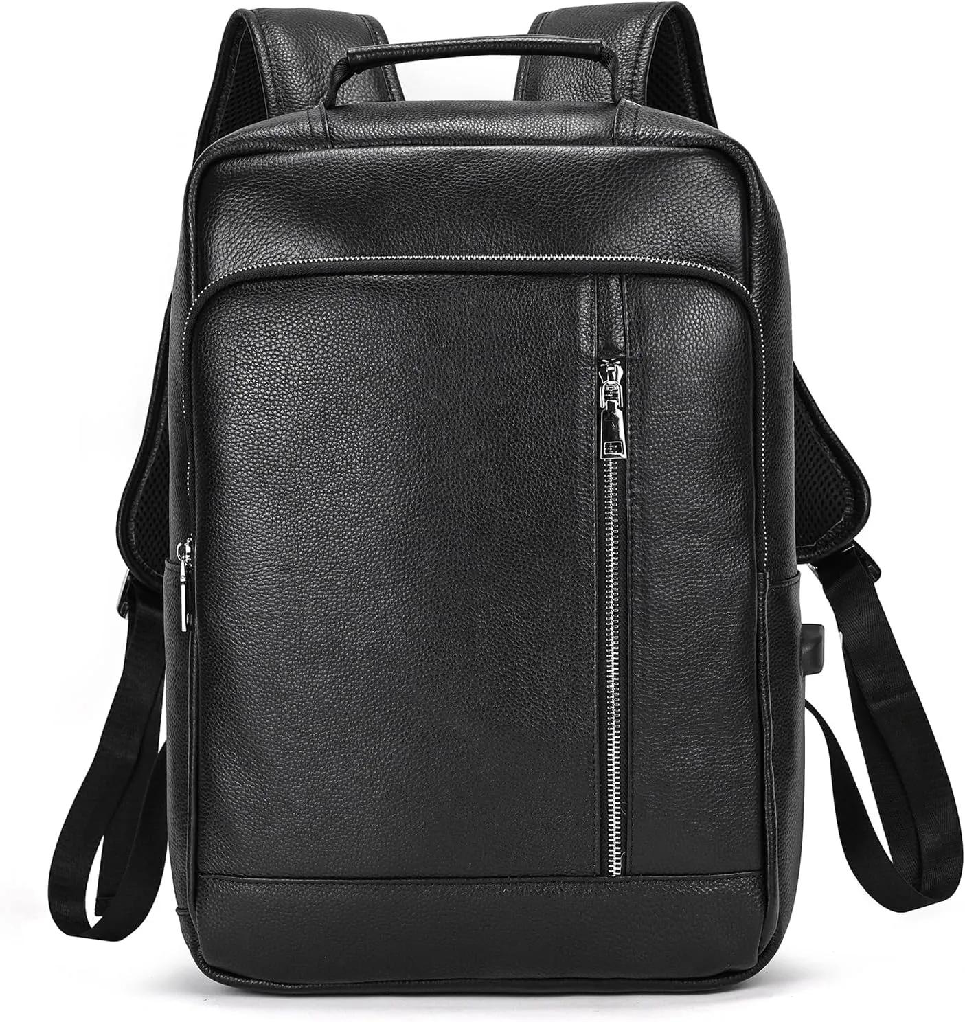 Genuine Leather Backpack Men Casual Daypack 14" Laptop Rucksack Business Travel Outdoor Shoulder Bag with Trolley Sleeve (Black)