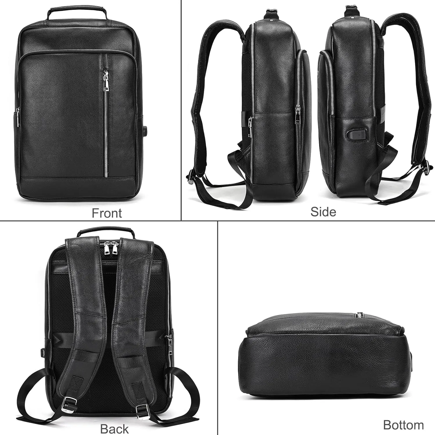 Genuine Leather Backpack Men Casual Daypack 14" Laptop Rucksack Business Travel Outdoor Shoulder Bag with Trolley Sleeve (Black)