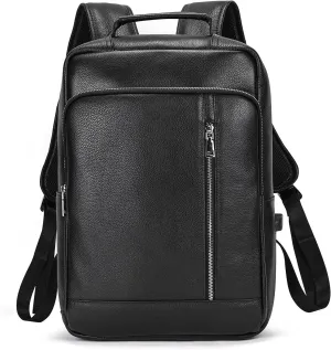 Genuine Leather Backpack Men Casual Daypack 14" Laptop Rucksack Business Travel Outdoor Shoulder Bag with Trolley Sleeve (Black)