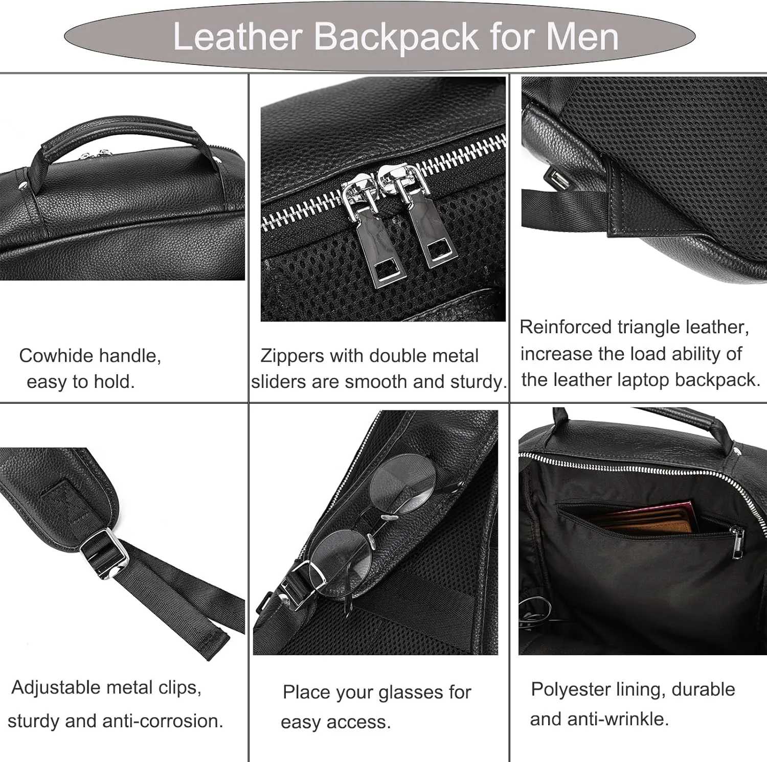 Genuine Leather Backpack Men Casual Daypack 14" Laptop Rucksack Business Travel Outdoor Shoulder Bag with Trolley Sleeve (Black)