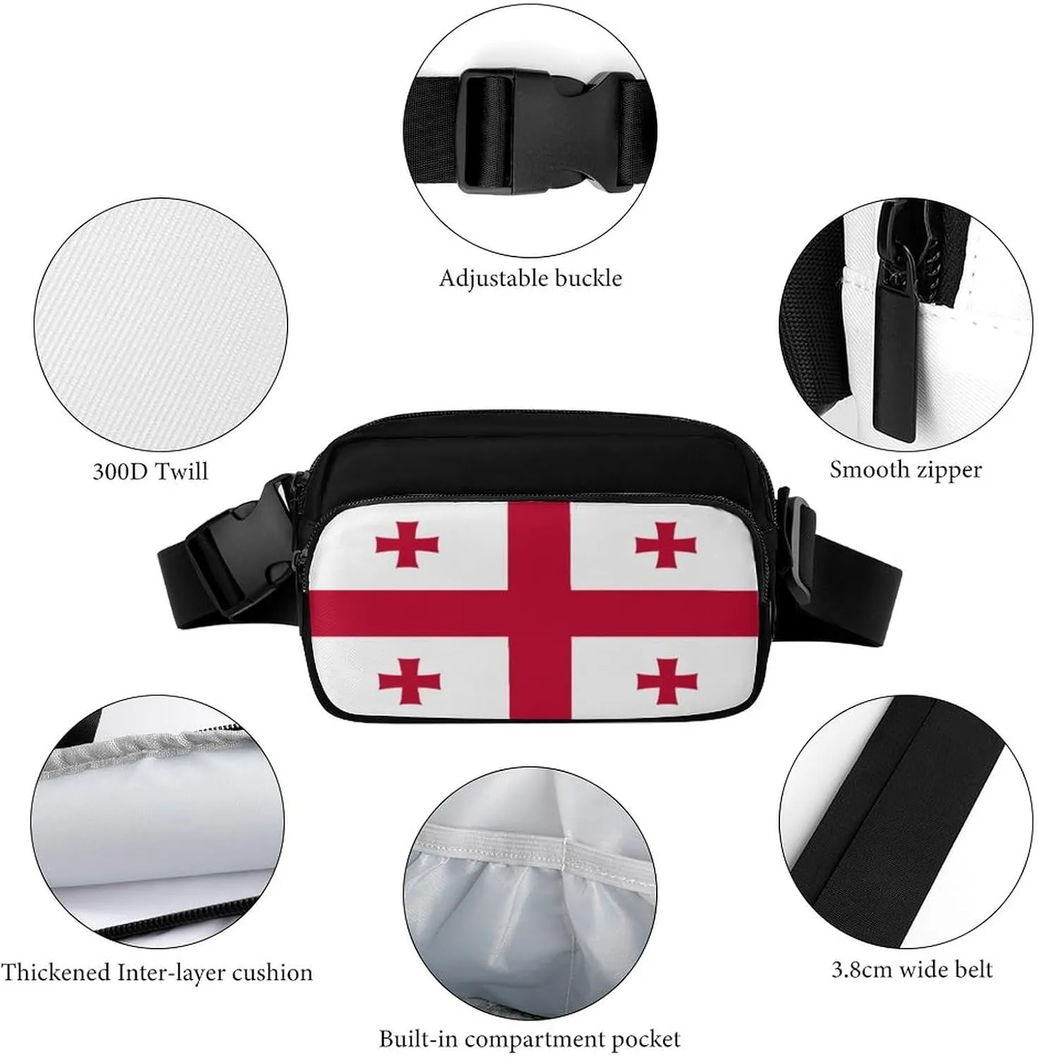 Georgian Flag Unisex Mini Belt Bag with Adjustable Strap Small Fanny Pack Crossbody Chest Bag