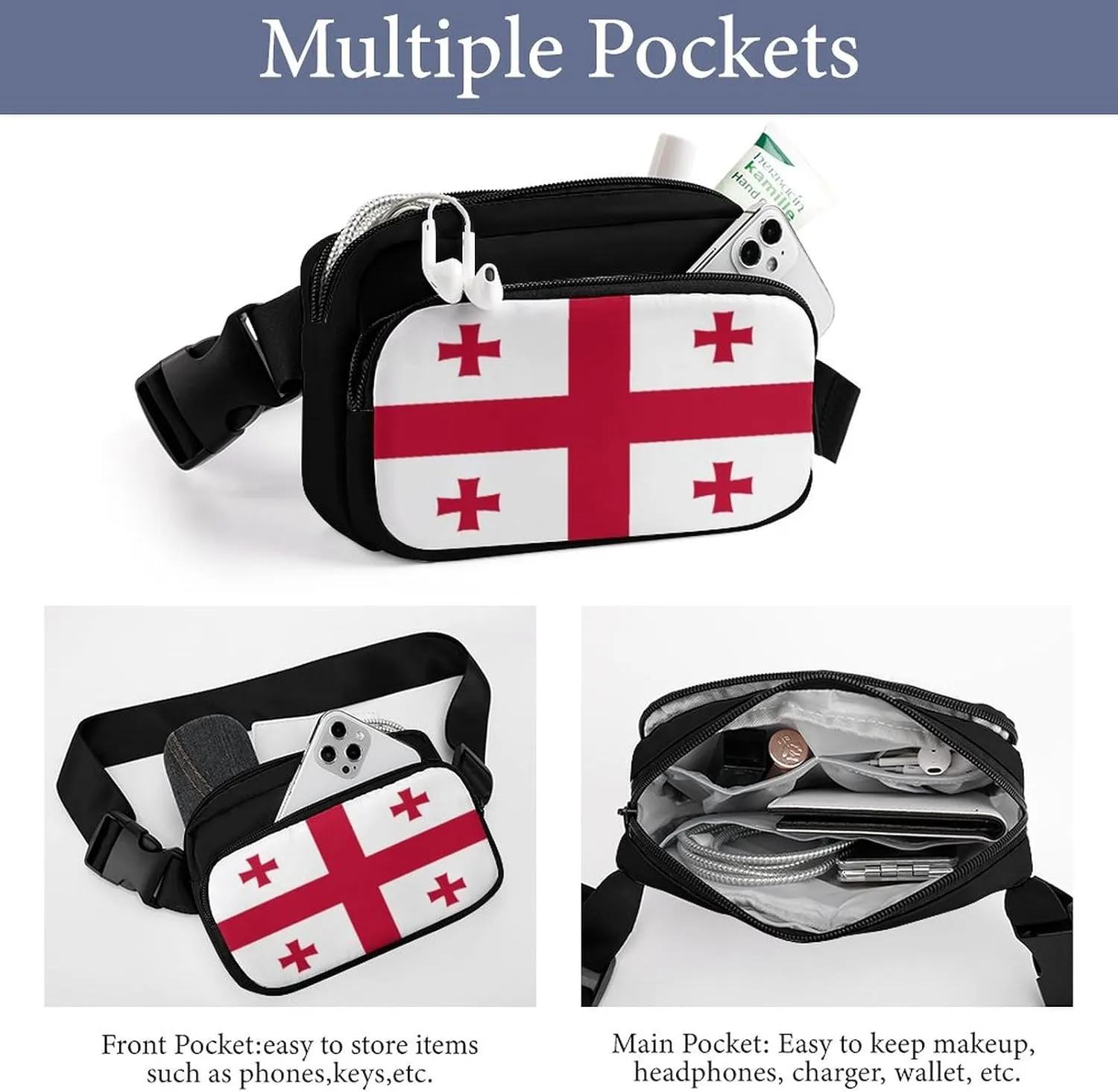 Georgian Flag Unisex Mini Belt Bag with Adjustable Strap Small Fanny Pack Crossbody Chest Bag