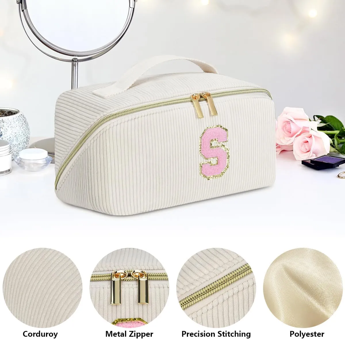 Gifts for Girls, Initial Travel Makeup Bag Women's Day Gift Make up Bag Cosmetic Bags Monther's Day Gifts, Personalized Stuff Bag Cute Makeup Bag Birthday Gifts for Women/Friend/Mother - O