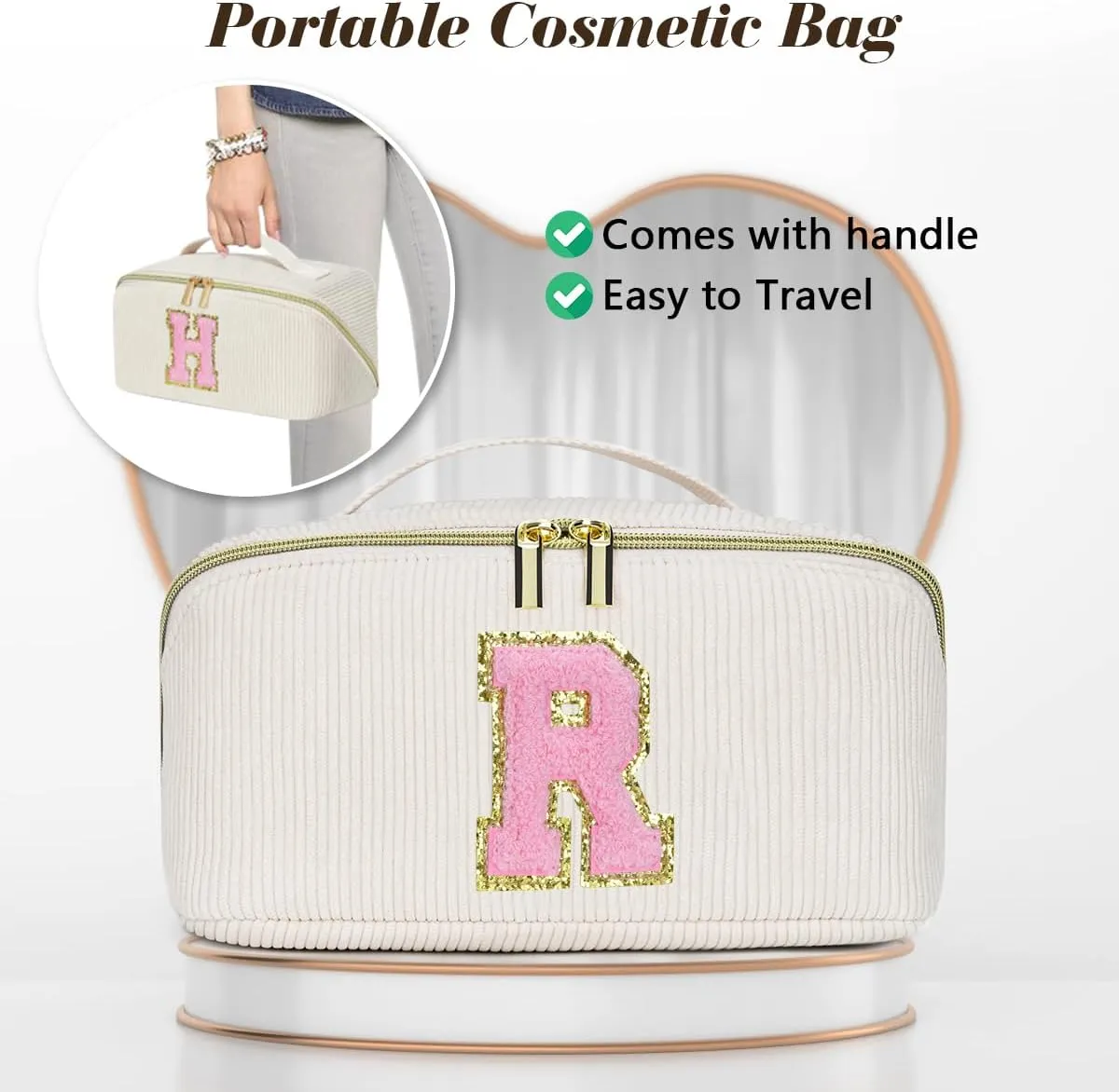 Gifts for Girls, Initial Travel Makeup Bag Women's Day Gift Make up Bag Cosmetic Bags Monther's Day Gifts, Personalized Stuff Bag Cute Makeup Bag Birthday Gifts for Women/Friend/Mother - O