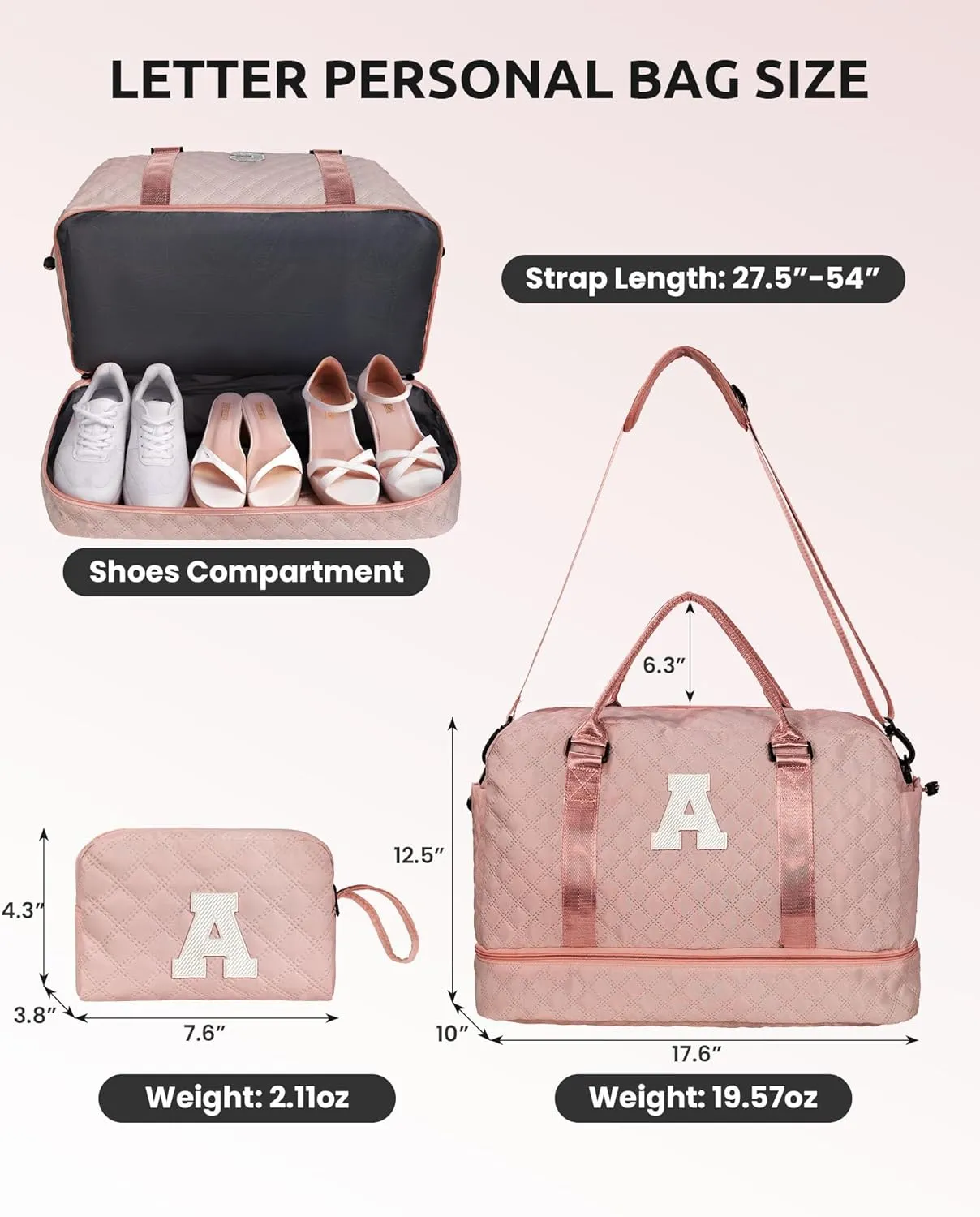 Gifts for Granddaughter-Initial Duffle Bag with Shoe Compartment, Personalized Weekender Bag, Monogram Overnight Bag, Letter Travel Bag with Makeup Bag，Daughter Friend Gifts (Letter S), Pink