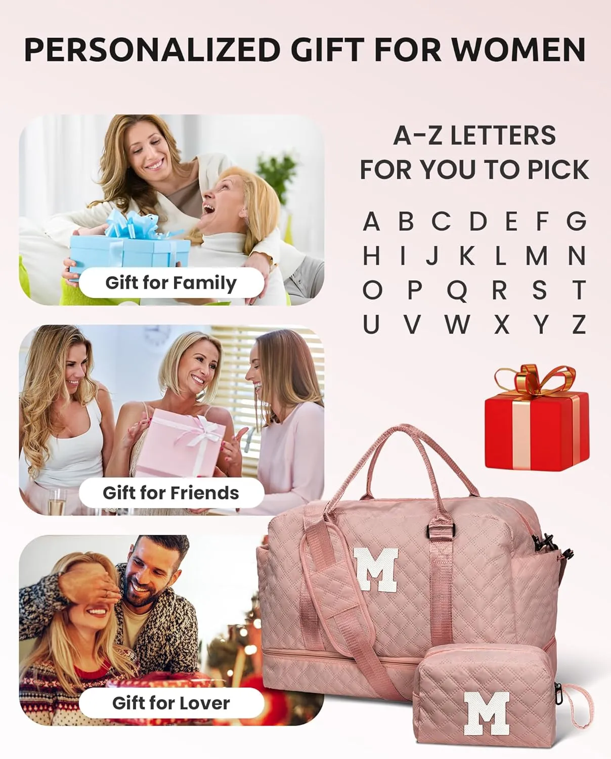 Gifts for Granddaughter-Initial Duffle Bag with Shoe Compartment, Personalized Weekender Bag, Monogram Overnight Bag, Letter Travel Bag with Makeup Bag，Daughter Friend Gifts (Letter S), Pink