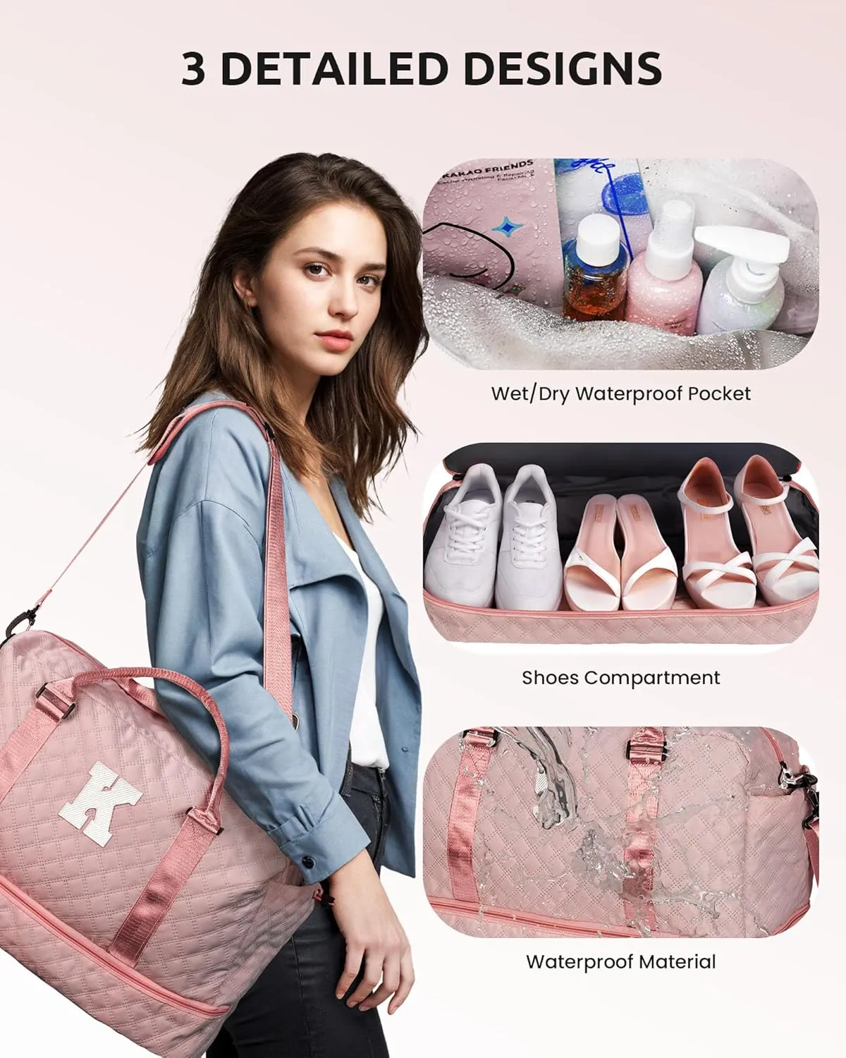Gifts for Granddaughter-Initial Duffle Bag with Shoe Compartment, Personalized Weekender Bag, Monogram Overnight Bag, Letter Travel Bag with Makeup Bag，Daughter Friend Gifts (Letter S), Pink