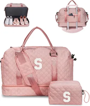 Gifts for Granddaughter-Initial Duffle Bag with Shoe Compartment, Personalized Weekender Bag, Monogram Overnight Bag, Letter Travel Bag with Makeup Bag，Daughter Friend Gifts (Letter S), Pink