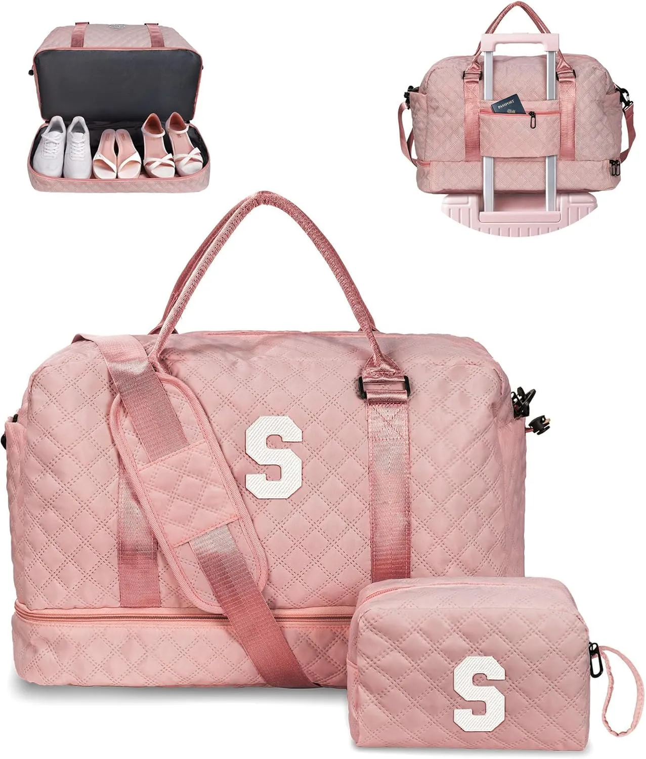 Gifts for Granddaughter-Initial Duffle Bag with Shoe Compartment, Personalized Weekender Bag, Monogram Overnight Bag, Letter Travel Bag with Makeup Bag，Daughter Friend Gifts (Letter S), Pink