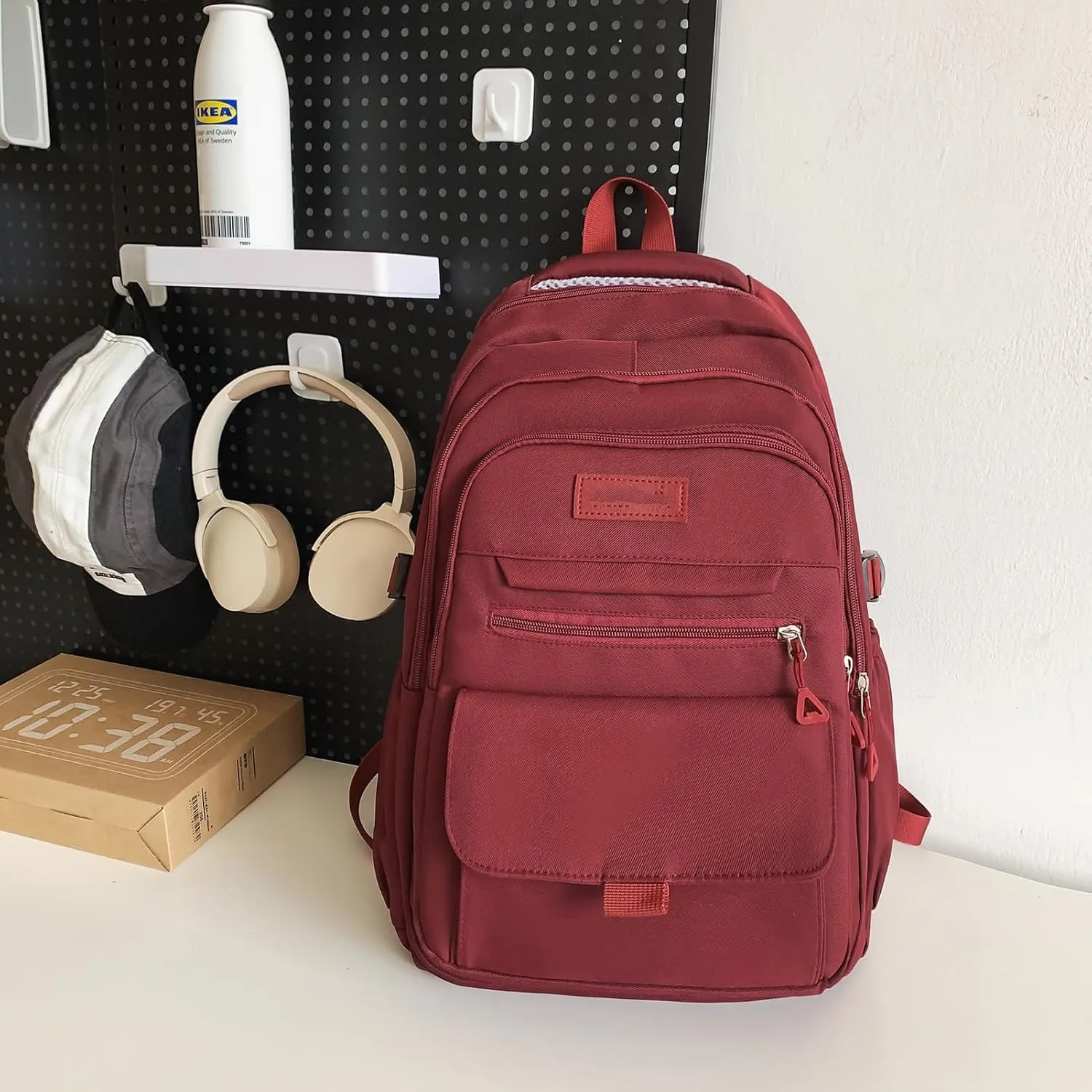 Girls Backpack for College High Middle School Student, Cute Aesthetic Bookbag for Teens Women with Accessories, Red