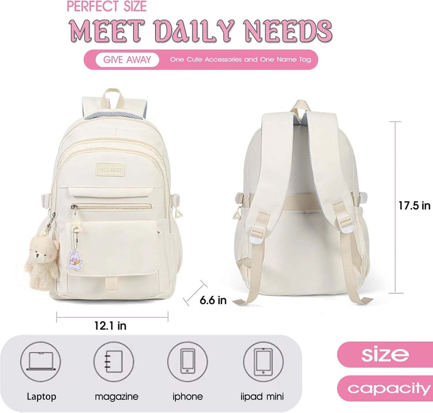 Girls Backpack for College High Middle School Student, Cute Aesthetic Bookbag for Teens Women with Accessories, Red