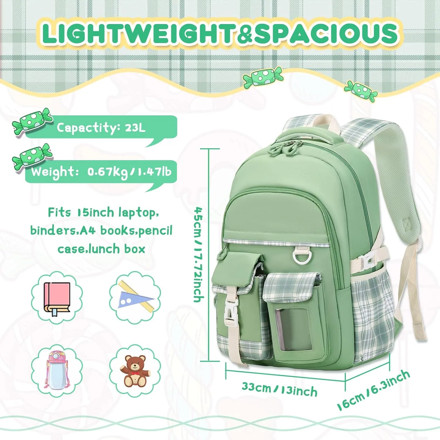 Girls Backpack, Lightweight Kids Backpack Functional Pockets Kawaii Teen School Backpack Watrer Resistant Bookbag for Primary Elementary School,Age 6-14 years,Green