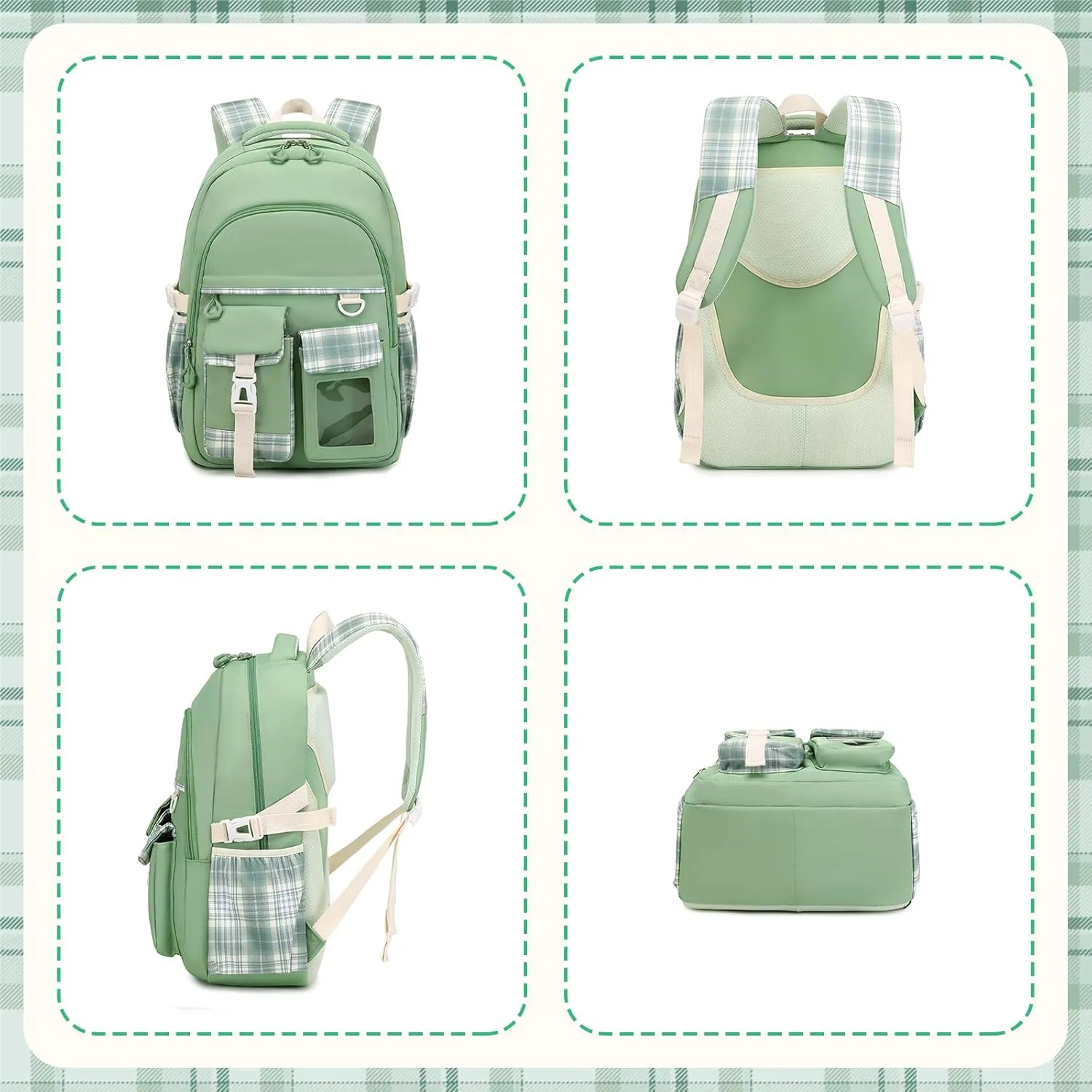 Girls Backpack, Lightweight Kids Backpack Functional Pockets Kawaii Teen School Backpack Watrer Resistant Bookbag for Primary Elementary School,Age 6-14 years,Green