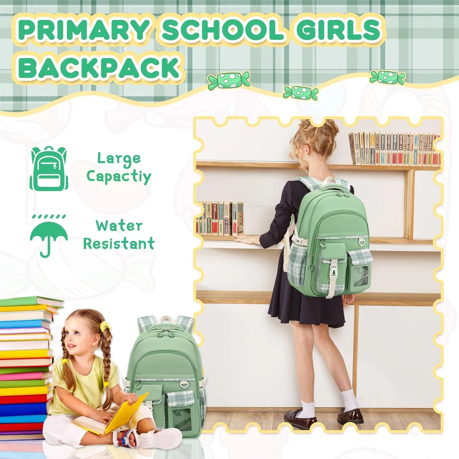 Girls Backpack, Lightweight Kids Backpack Functional Pockets Kawaii Teen School Backpack Watrer Resistant Bookbag for Primary Elementary School,Age 6-14 years,Green