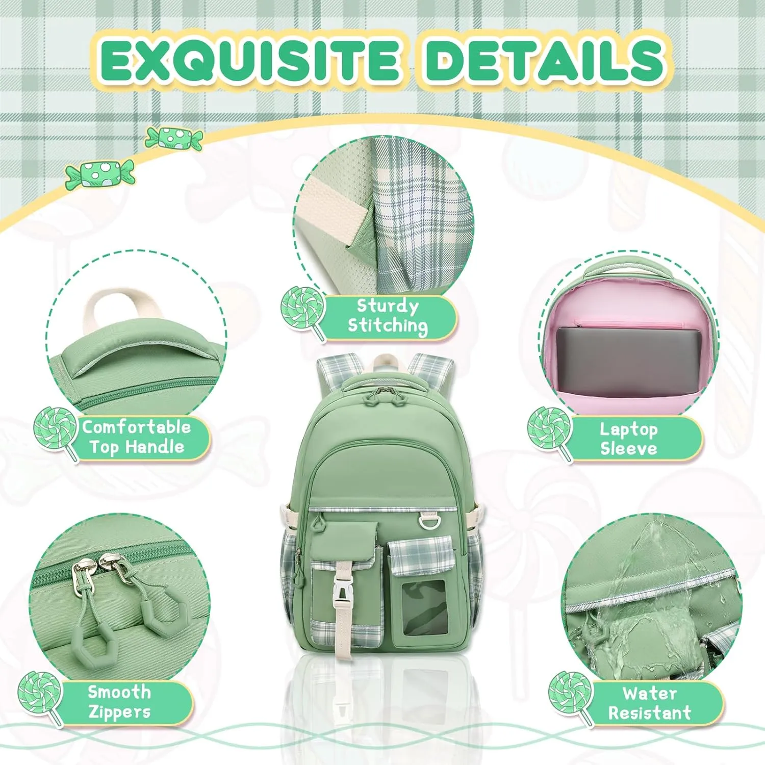 Girls Backpack, Lightweight Kids Backpack Functional Pockets Kawaii Teen School Backpack Watrer Resistant Bookbag for Primary Elementary School,Age 6-14 years,Green
