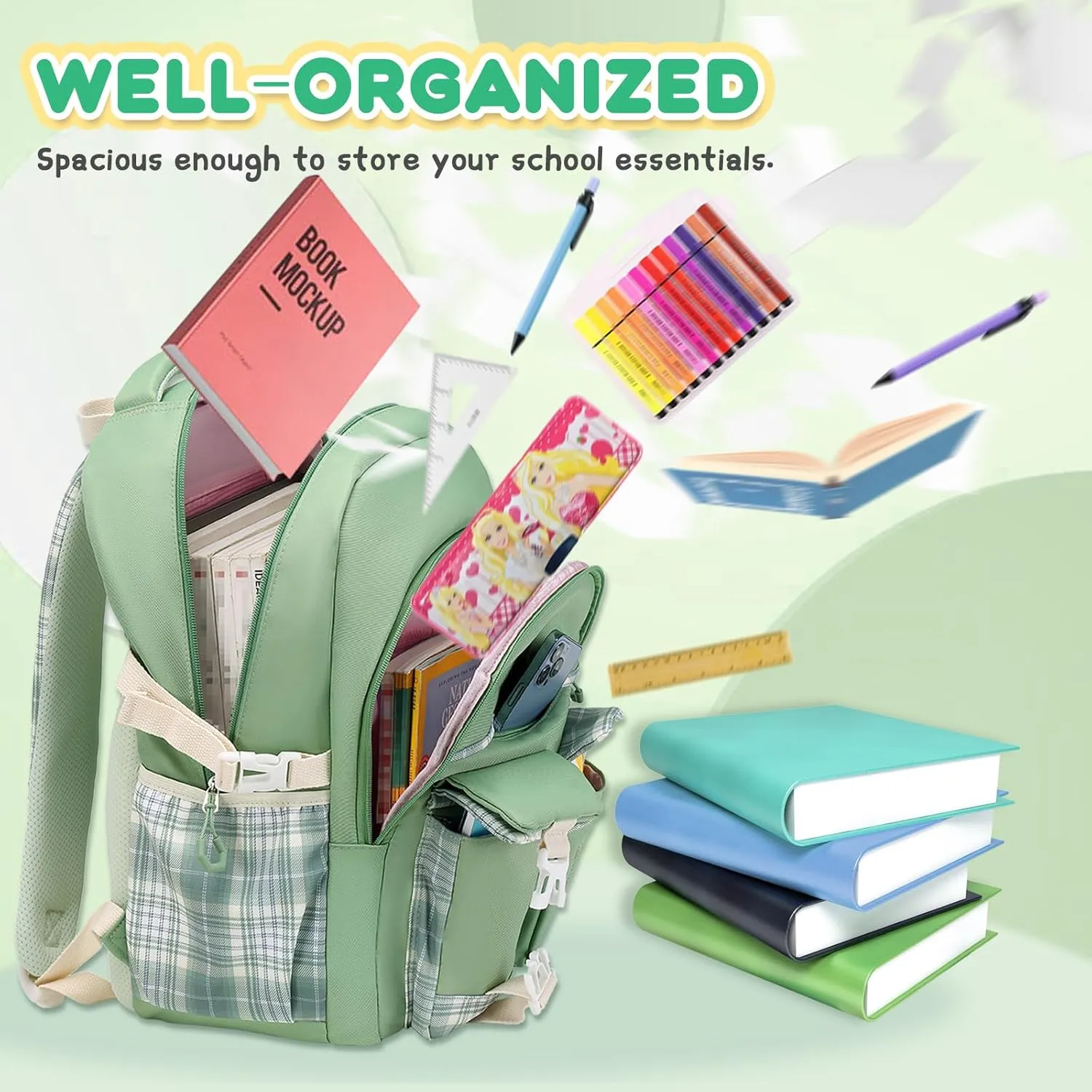 Girls Backpack, Lightweight Kids Backpack Functional Pockets Kawaii Teen School Backpack Watrer Resistant Bookbag for Primary Elementary School,Age 6-14 years,Green