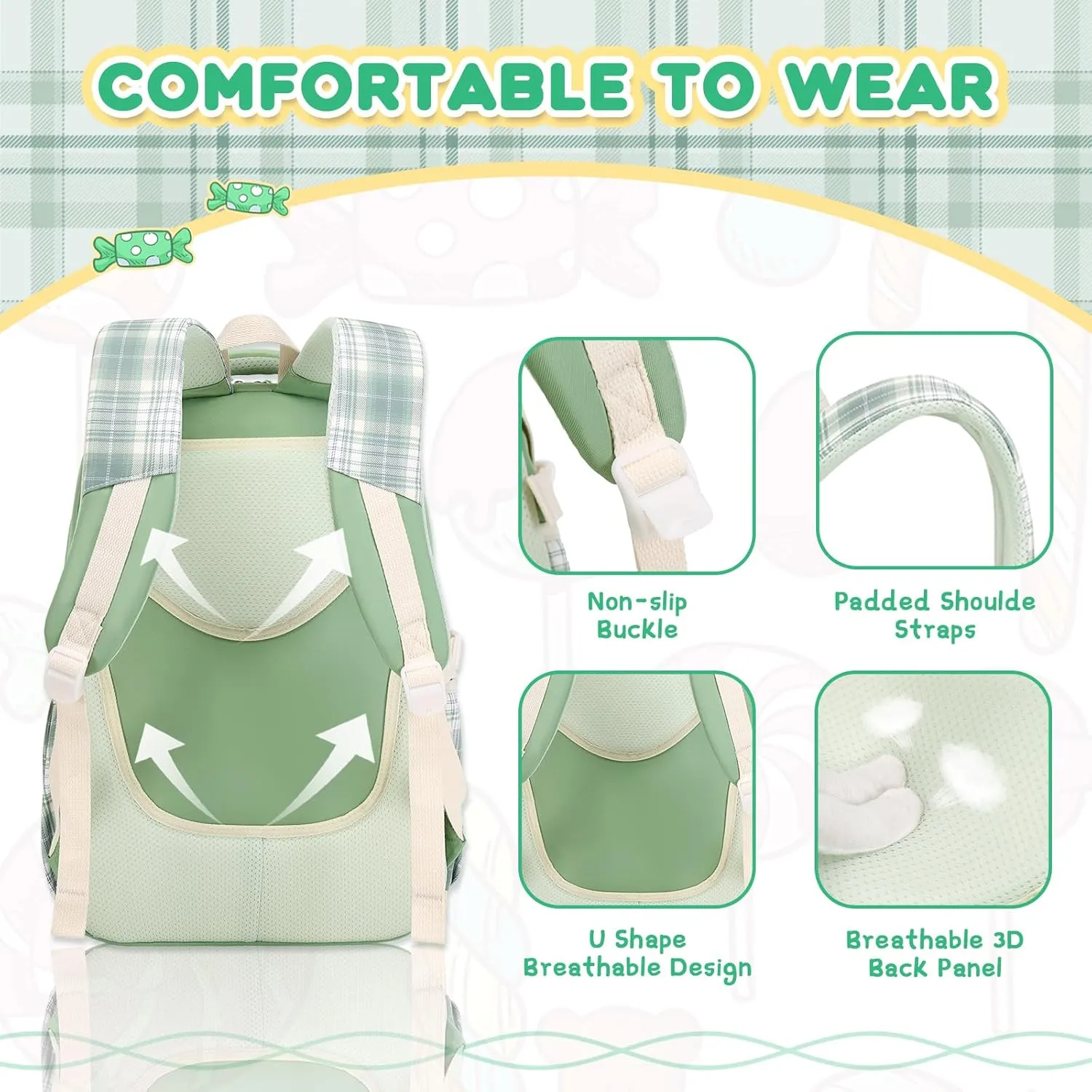 Girls Backpack, Lightweight Kids Backpack Functional Pockets Kawaii Teen School Backpack Watrer Resistant Bookbag for Primary Elementary School,Age 6-14 years,Green
