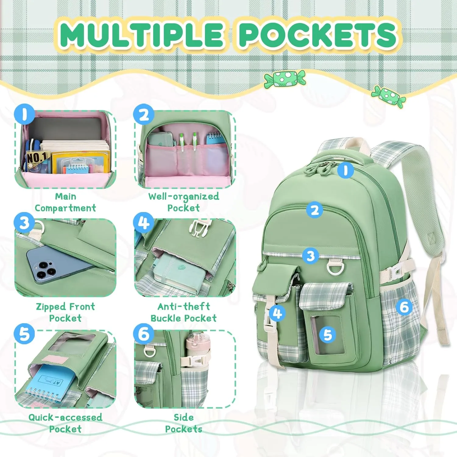 Girls Backpack, Lightweight Kids Backpack Functional Pockets Kawaii Teen School Backpack Watrer Resistant Bookbag for Primary Elementary School,Age 6-14 years,Green