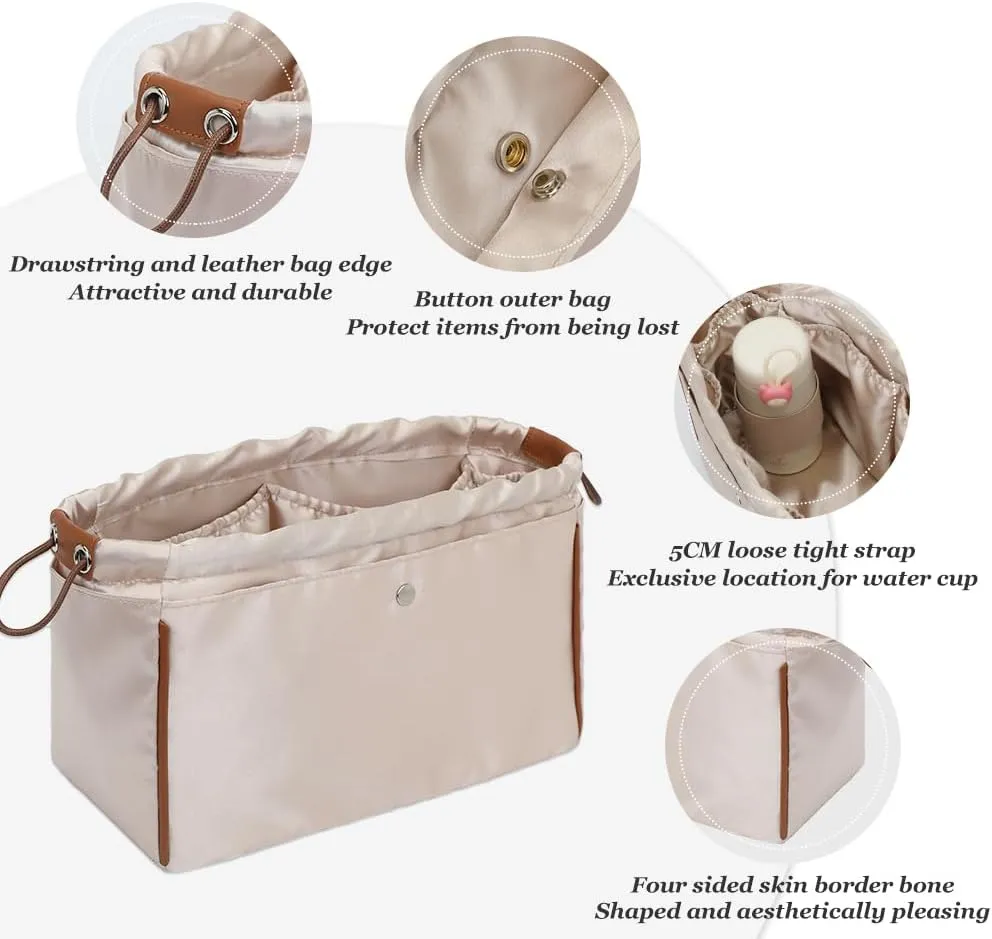 GIVLEFLY，Drawstring，Purse Organizer, Satin material Bag Organizer Insert Purse Organizer For Tote, Handbag,Silk fabric，Portability (Medium)