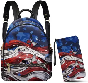 GLENLCWE American Flag Butterfly Backpack Purse & Matching Wallet for Women Teens Zipper Leather Mini Backpack and Coin Phone Case Holder lightweight