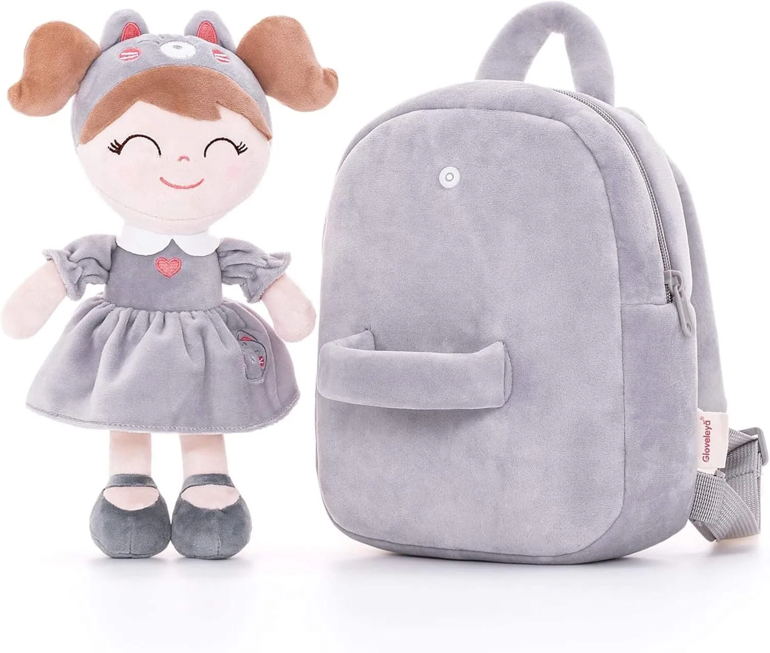 Gloveleya Cat Backpack Toddler Backpack Soft Plush Backpack with Plush Doll Gray
