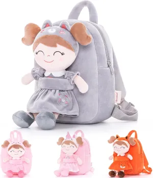 Gloveleya Cat Backpack Toddler Backpack Soft Plush Backpack with Plush Doll Gray