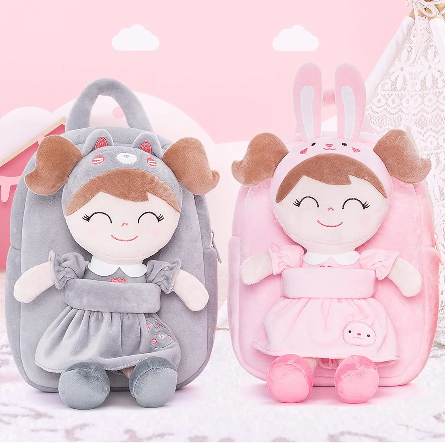 Gloveleya Cat Backpack Toddler Backpack Soft Plush Backpack with Plush Doll Gray