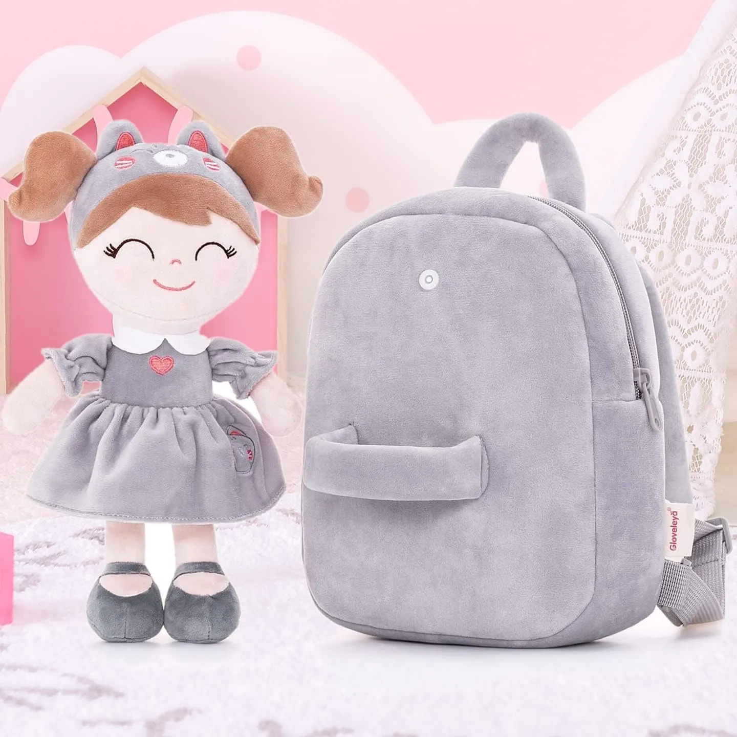 Gloveleya Cat Backpack Toddler Backpack Soft Plush Backpack with Plush Doll Gray