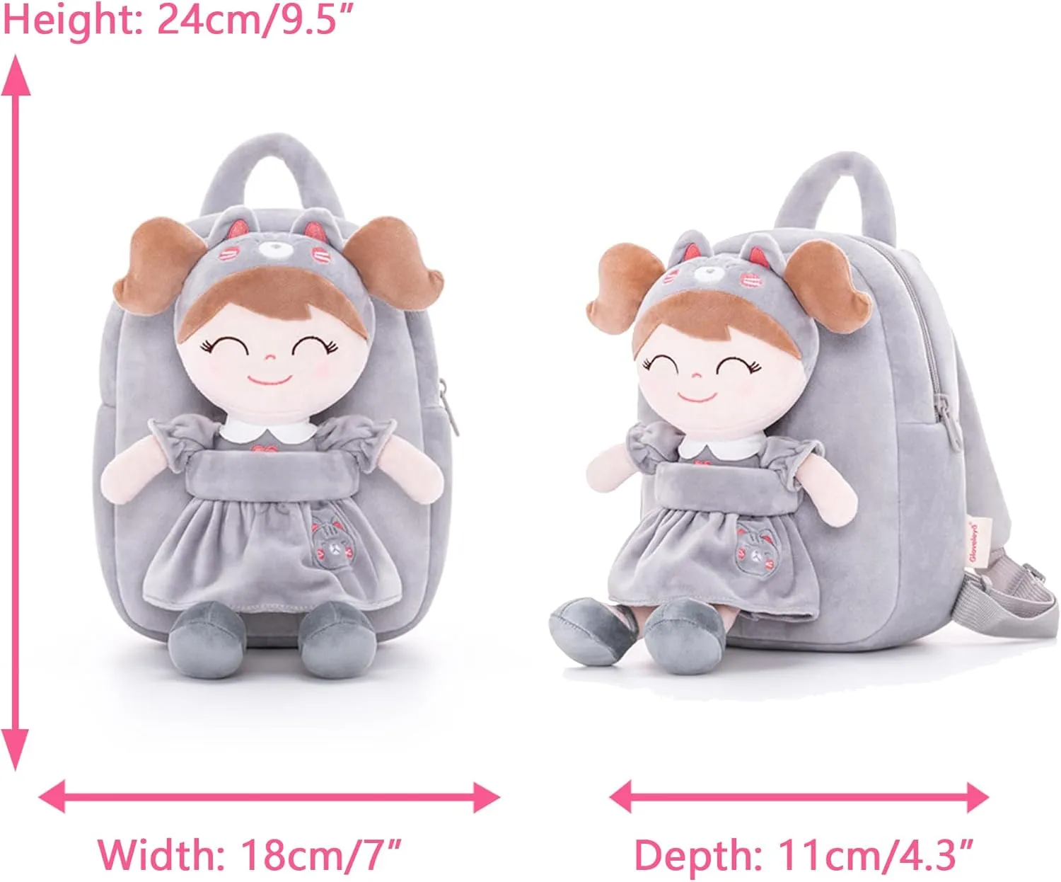 Gloveleya Cat Backpack Toddler Backpack Soft Plush Backpack with Plush Doll Gray