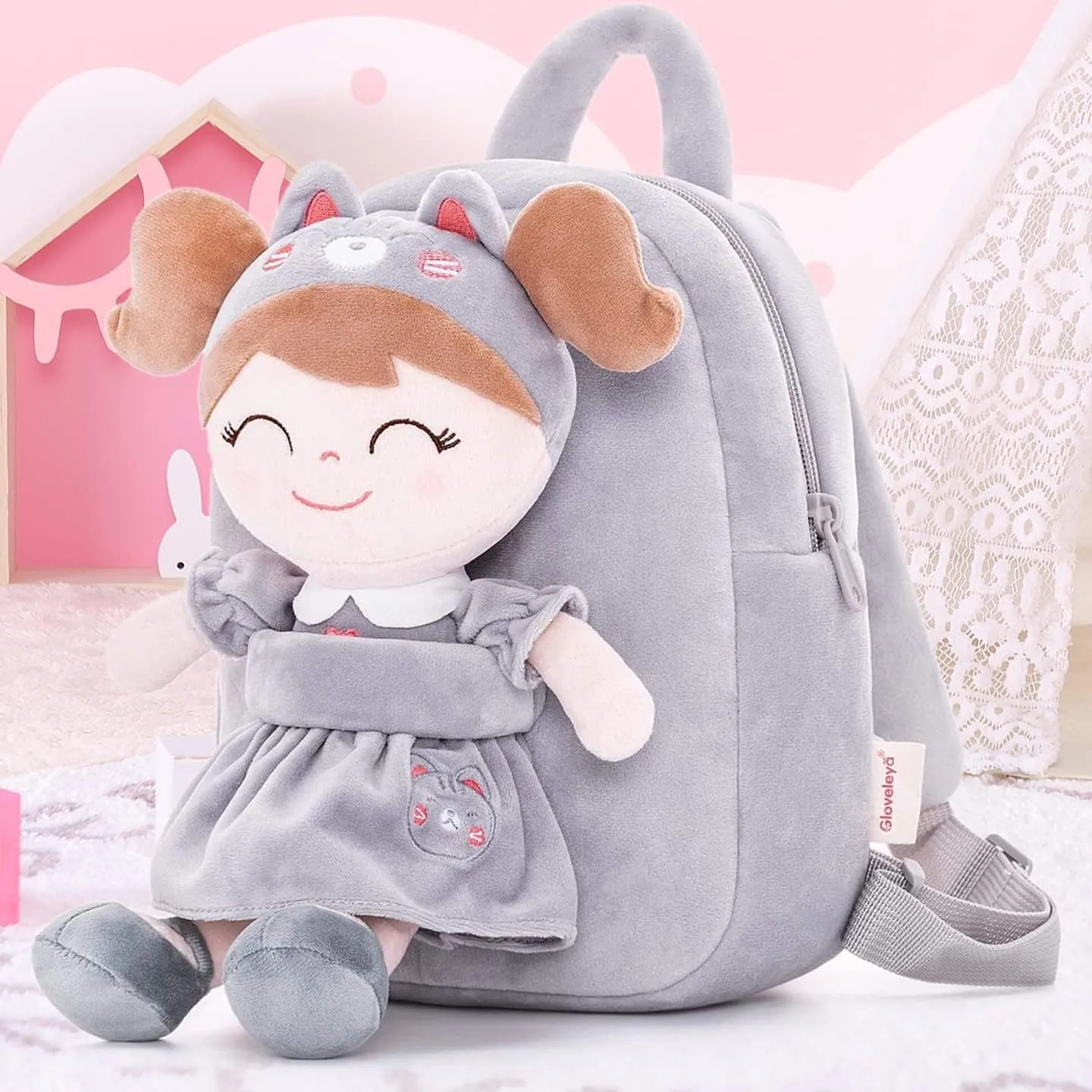 Gloveleya Cat Backpack Toddler Backpack Soft Plush Backpack with Plush Doll Gray
