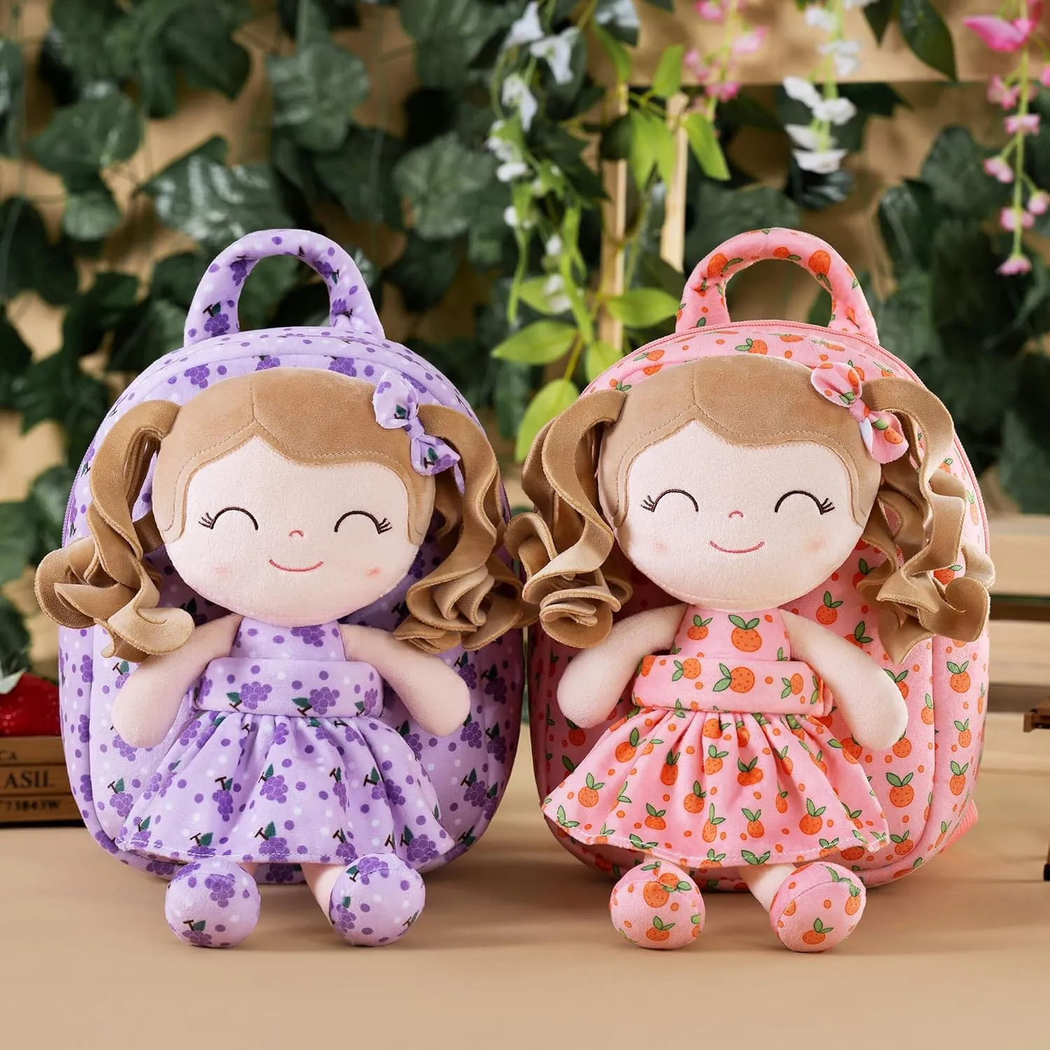 Gloveleya Toddler Backpack Baby Girl Gifts Curly Hair Plush Figures Dress Backpack Kids Backpack Curly Hair Spring Girl Fruit Section-Orange 9inches
