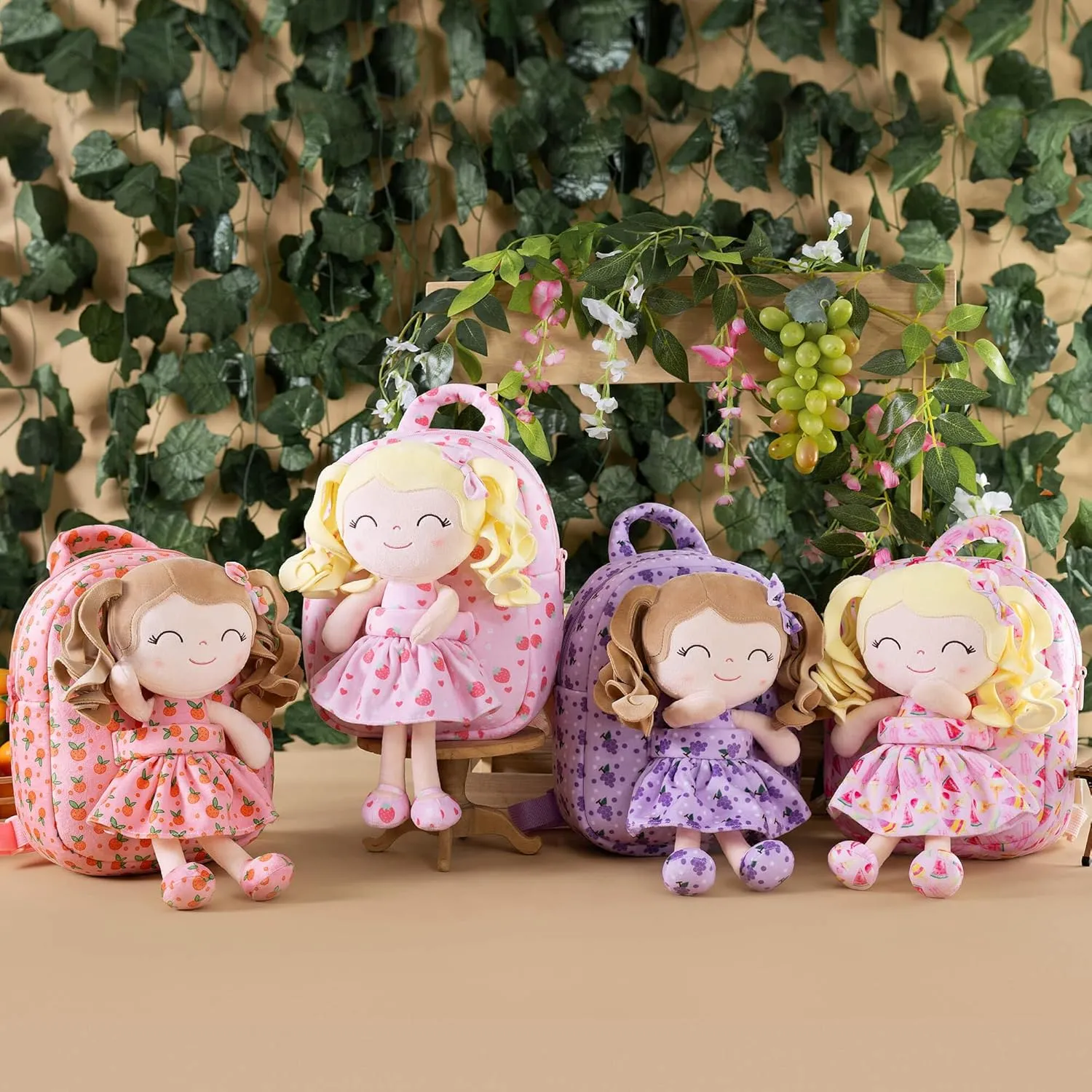 Gloveleya Toddler Backpack Baby Girl Gifts Curly Hair Plush Figures Dress Backpack Kids Backpack Curly Hair Spring Girl Fruit Section-Orange 9inches