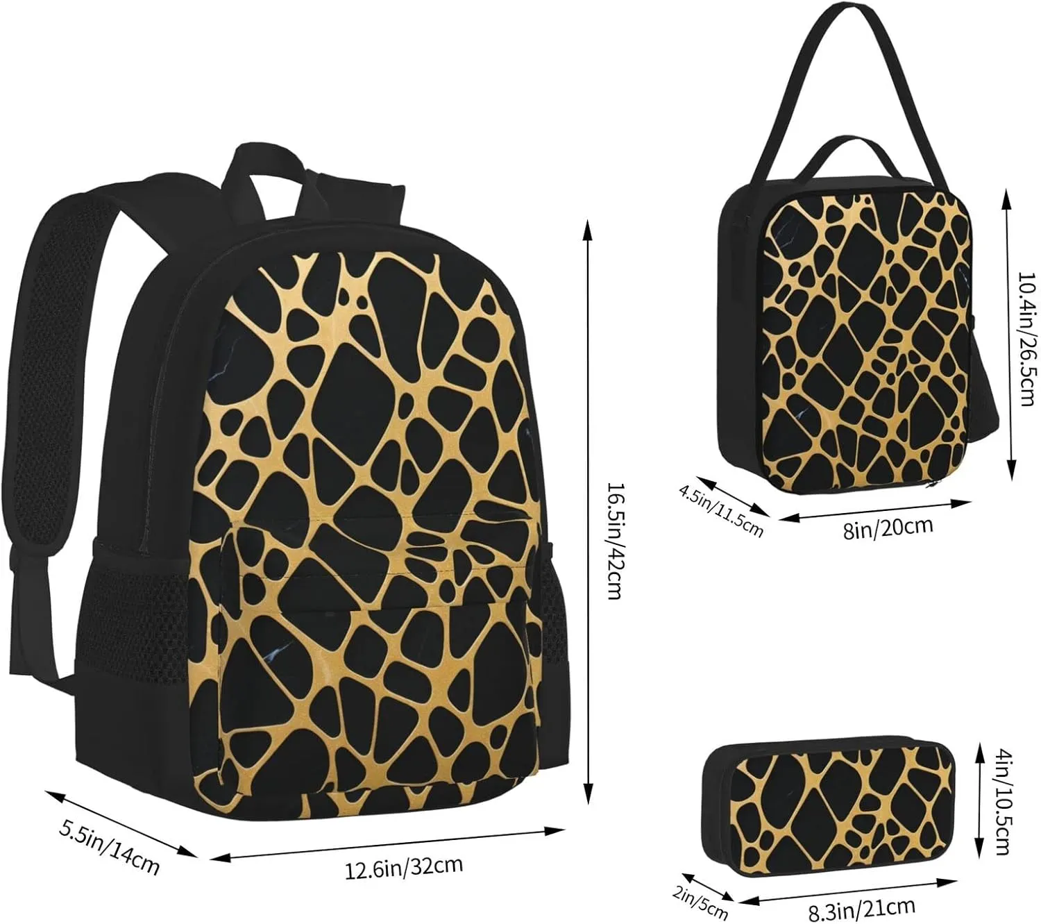 Gold And Black Marble Three-Piece Backpack Set With Pocket Backpack Cross-Body Lunch Bag Pen Bag For Travel Daypack