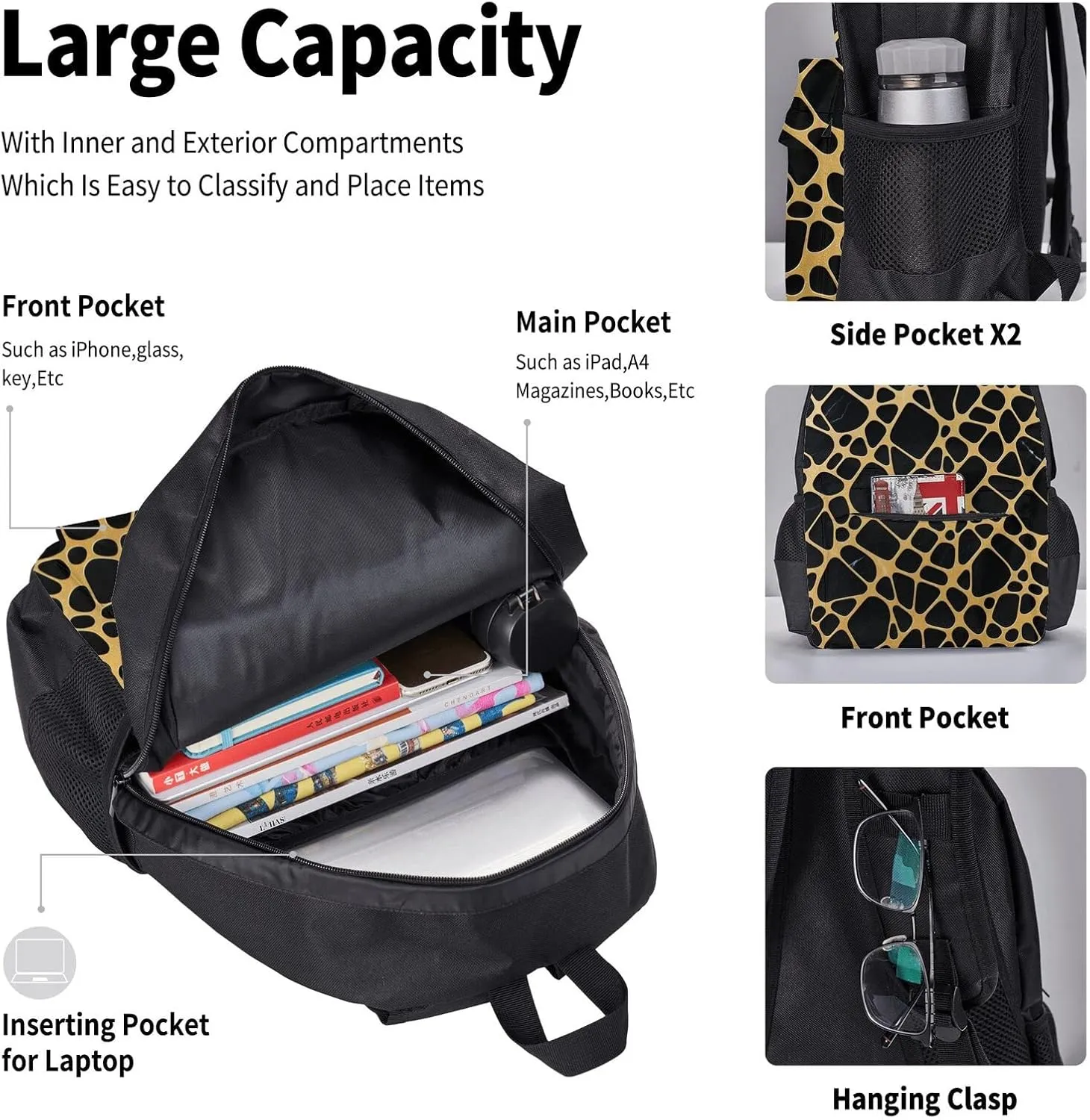 Gold And Black Marble Three-Piece Backpack Set With Pocket Backpack Cross-Body Lunch Bag Pen Bag For Travel Daypack