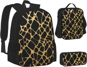 Gold And Black Marble Three-Piece Backpack Set With Pocket Backpack Cross-Body Lunch Bag Pen Bag For Travel Daypack