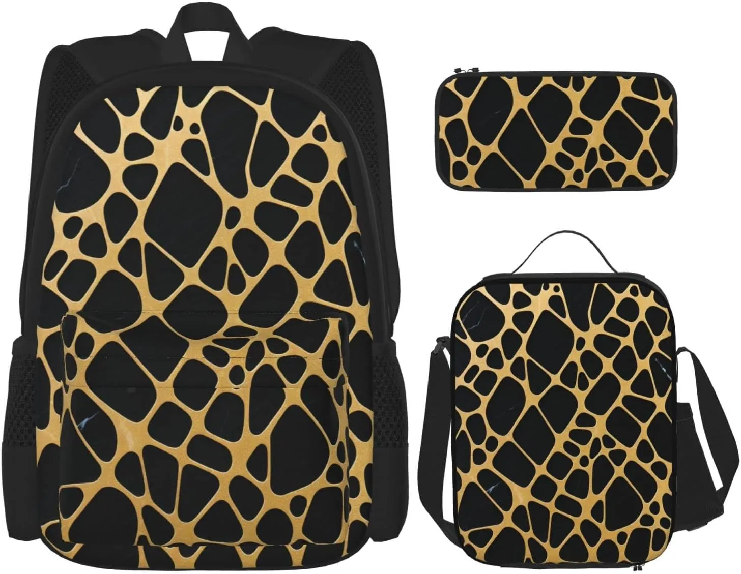 Gold And Black Marble Three-Piece Backpack Set With Pocket Backpack Cross-Body Lunch Bag Pen Bag For Travel Daypack