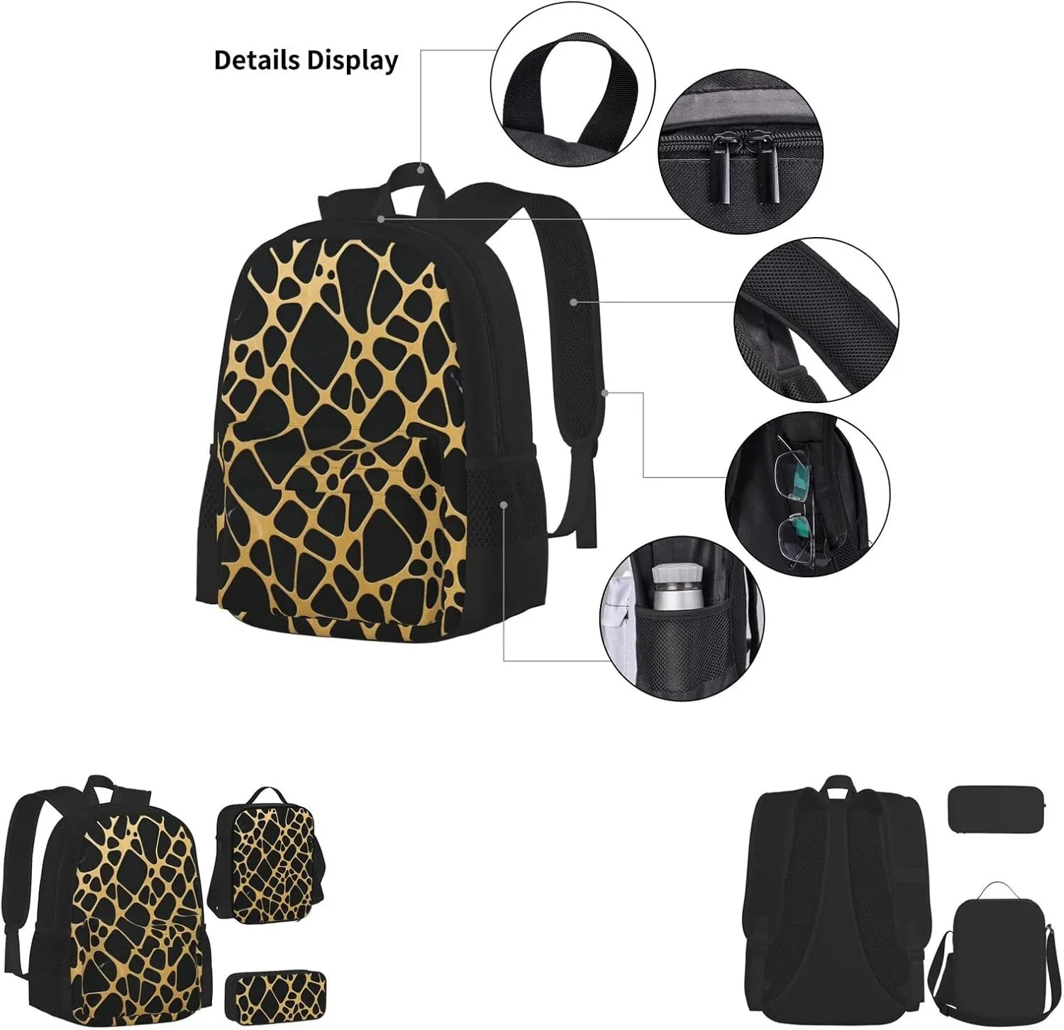Gold And Black Marble Three-Piece Backpack Set With Pocket Backpack Cross-Body Lunch Bag Pen Bag For Travel Daypack