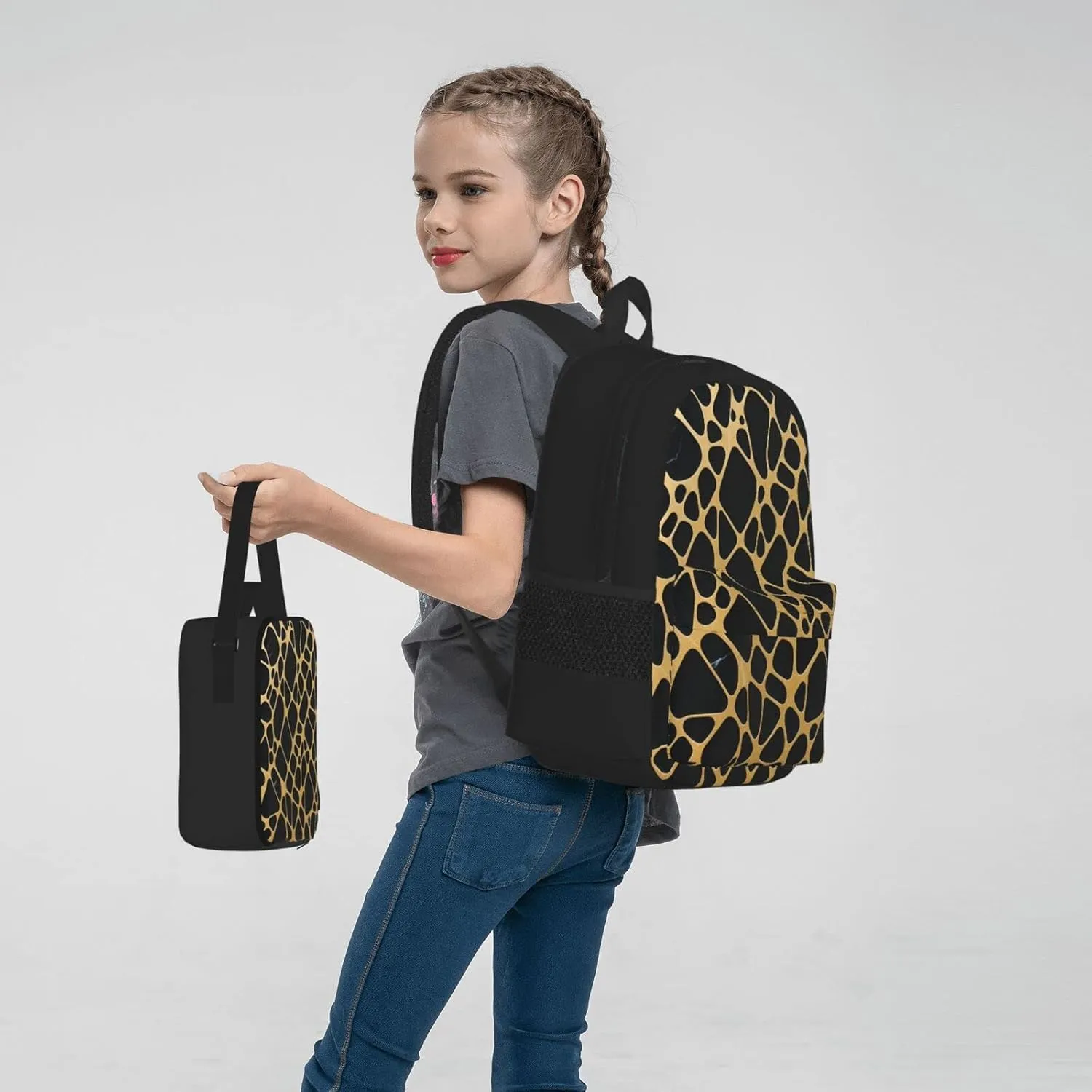 Gold And Black Marble Three-Piece Backpack Set With Pocket Backpack Cross-Body Lunch Bag Pen Bag For Travel Daypack