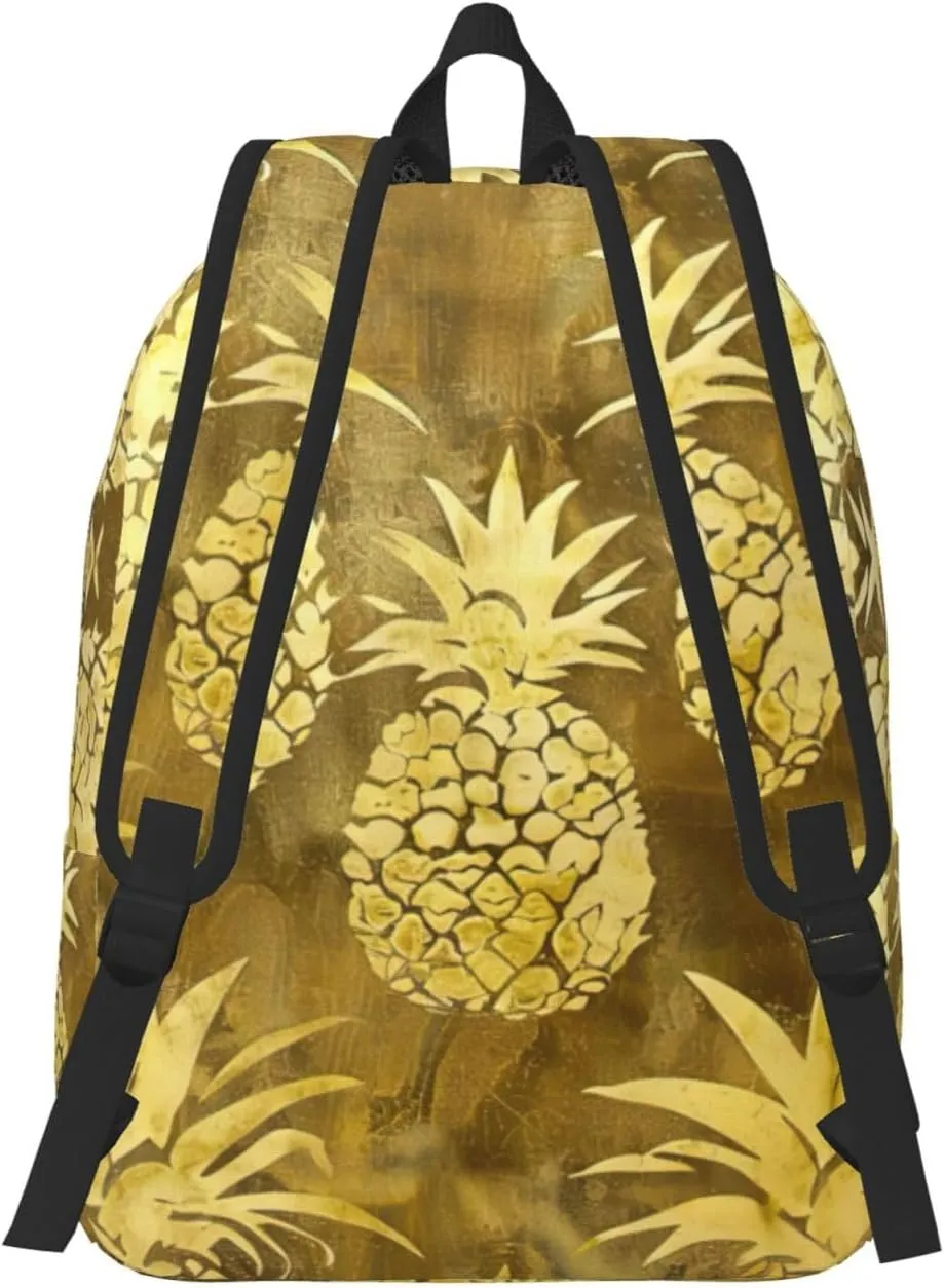 Gold Pineapple Background Print Vintage Canvas Backpack,Travel Bag,Stylish And Lightweight With Multiple Pockets