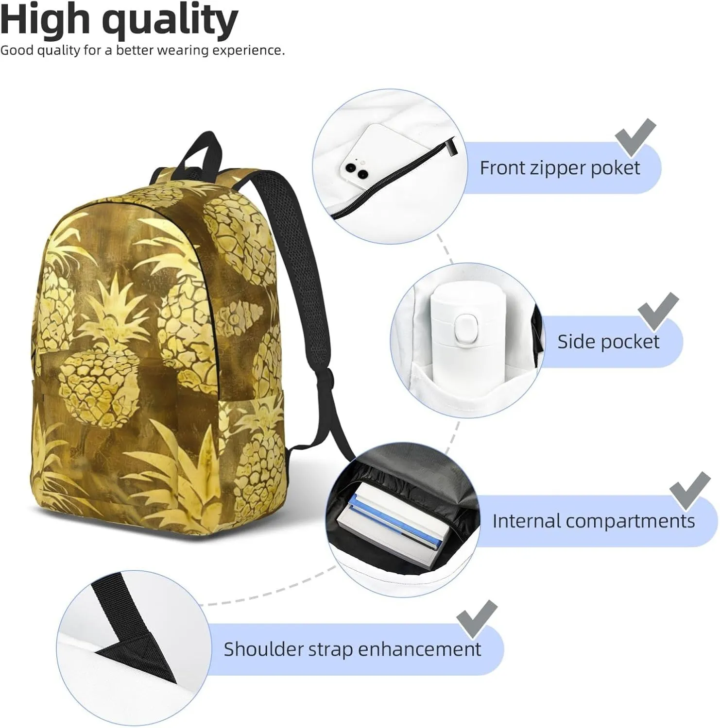 Gold Pineapple Background Print Vintage Canvas Backpack,Travel Bag,Stylish And Lightweight With Multiple Pockets