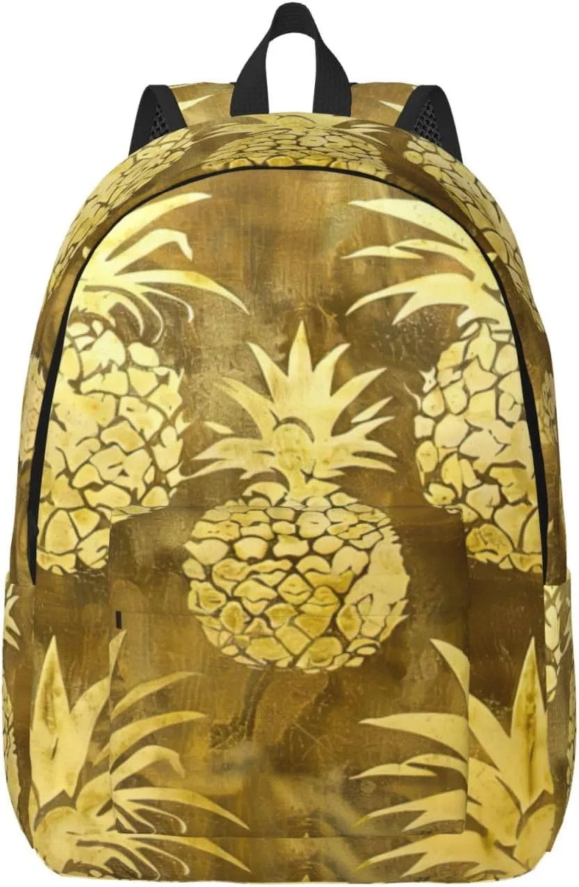 Gold Pineapple Background Print Vintage Canvas Backpack,Travel Bag,Stylish And Lightweight With Multiple Pockets