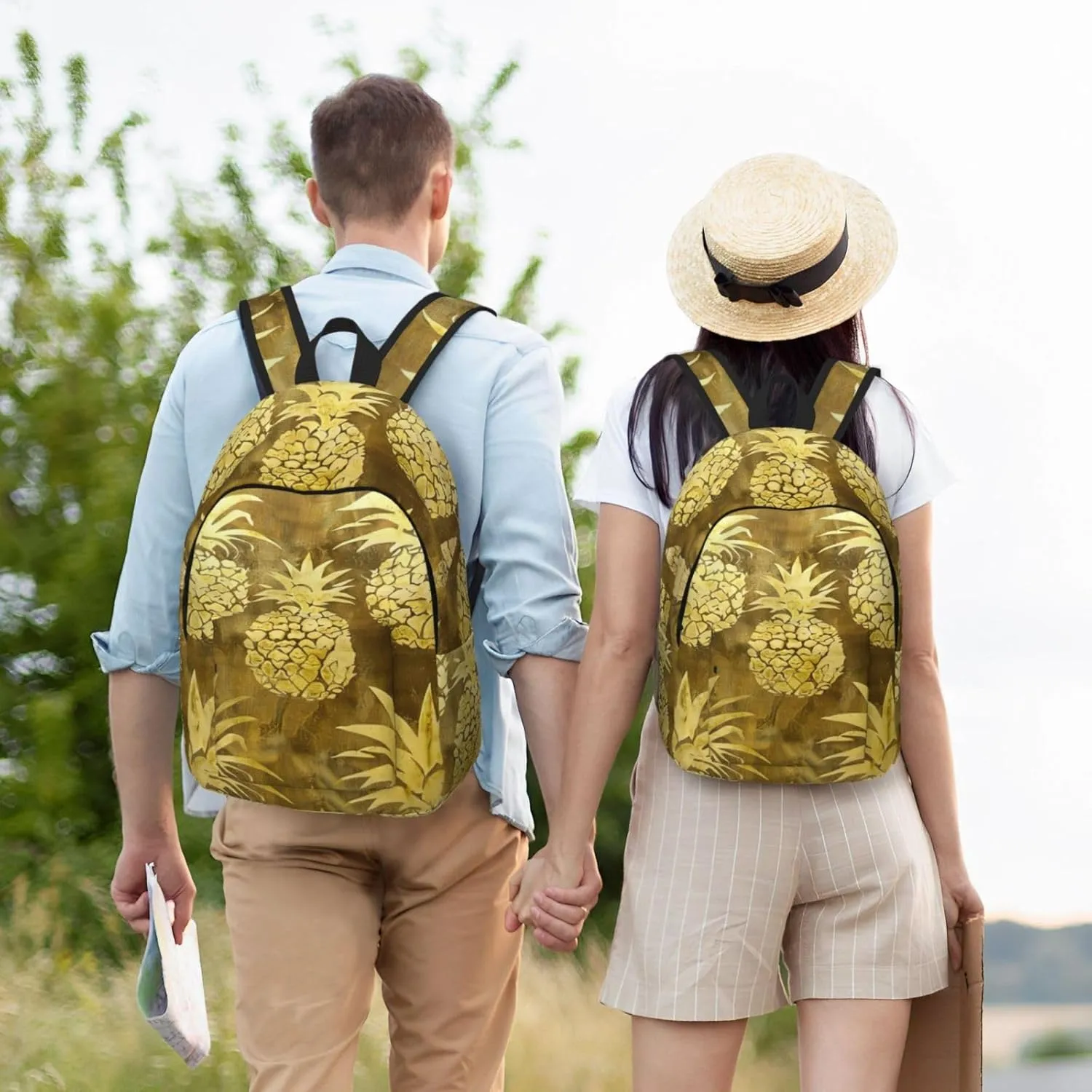 Gold Pineapple Background Print Vintage Canvas Backpack,Travel Bag,Stylish And Lightweight With Multiple Pockets