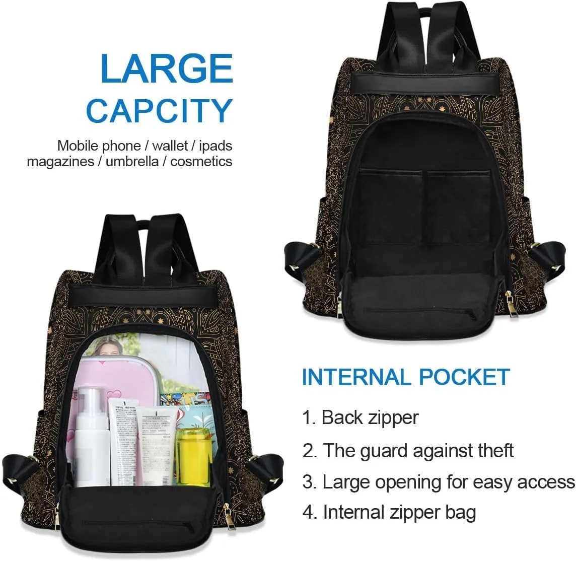 Golden Mandala Lotus Anti-Theft Women Backpack Purse for Fashion Bag Travel School Back Pack Rucksack Shoulder Bag One Size