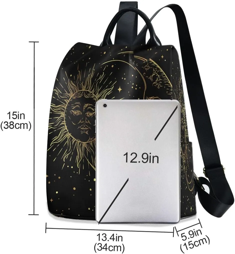 Golden Sun Moon Stars Boho Anti-Theft Backpack Purse for Women Fashion Bag Travel School Back Pack Rucksack Shoulder Bag