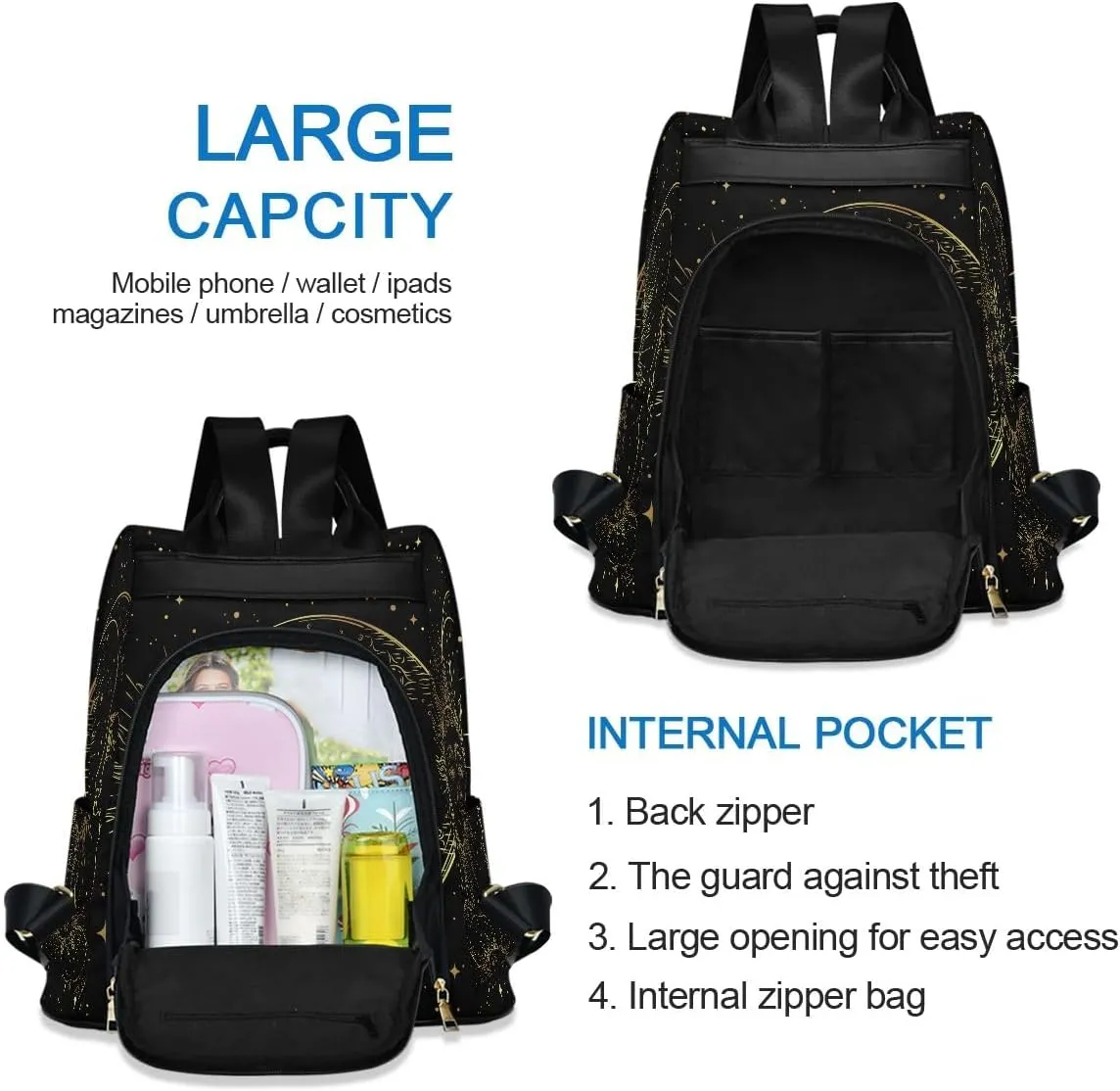 Golden Sun Moon Stars Boho Anti-Theft Backpack Purse for Women Fashion Bag Travel School Back Pack Rucksack Shoulder Bag